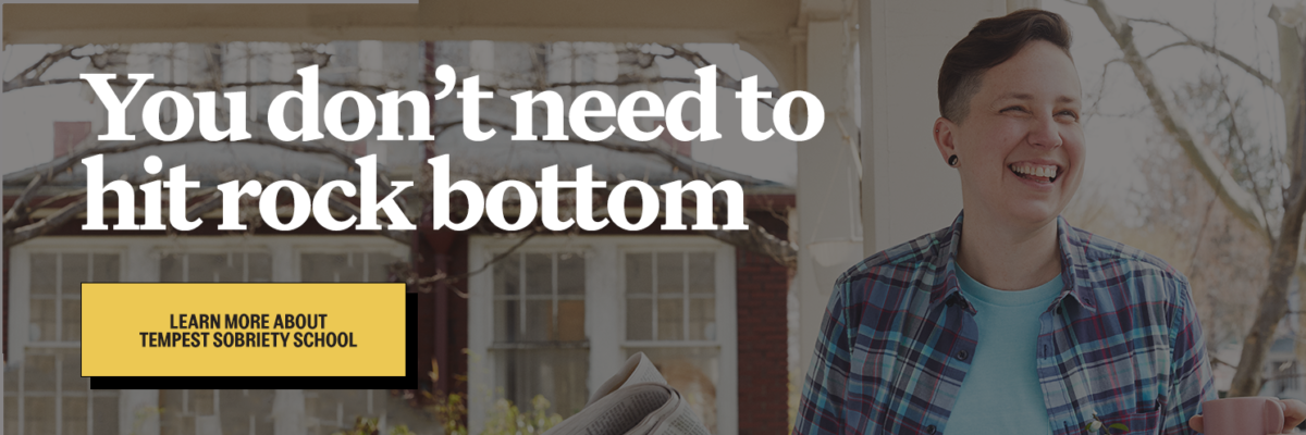 a gender non-conforming person smiling with the text overlay, "you don't need to hit rock bottom." 